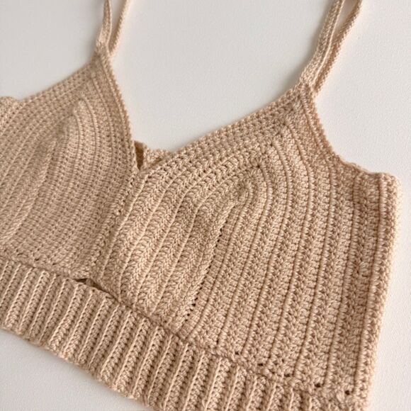 Handmade Tops - Handmade Crochet Crop Top Bralette– Neutral Sand Ribbed Knit (Size L)